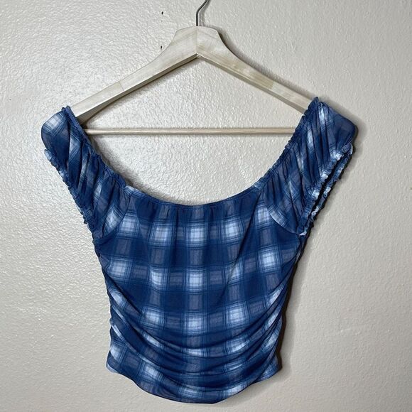 Just Polly New York Shirt Womens Medium Blue Mesh Stretch Cropped Top - Picture 8 of 8
